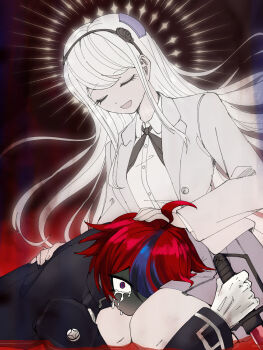 1boy 1girl :d ahoge black_background black_flower black_hairband black_jacket black_rose blazer blue_streaks closed_eyes commentary_request despair dress_shirt eyelashes face_in_shadow floating_hair flower flower_hairband gakuran gloves grey_jacket grey_neckerchief grey_skirt hairband halo halo_behind_head hand_on_another&#039;s_back hand_on_another&#039;s_head hematomorphic_infusion_blade hetero highres holding holding_knife jacket kashimiya_karua knife lap_pillow last_defense_academy_school_uniform long_hair long_sleeves lying miniskirt mole mole_under_eye multicolored_hair neckerchief on_stomach open_clothes open_jacket open_mouth pain pleated_skirt purple_eyes red_background red_hair revision rose scared school_uniform seiza shaded_face shirt short_hair sitting skirt smile streaked_hair sumino_takumi sunburst tears the_hundred_line_-last_defense_academy- tkiura_runa two-tone_background u_u very_short_hair wavy_eyes white_gloves white_hair white_shirt wide-eyed yellow_halo