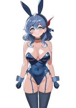 1girl absurdres ako_(blue_archive) alternate_costume animal_ear_hairband animal_ears arms_at_sides bare_shoulders black_ribbon blue_archive blue_choker blue_eyes blue_gloves blue_hair blue_hairband blue_leotard blue_thighhighs blue_wrist_cuffs blush breasts choker cleavage clenched_hands closed_mouth commentary commission covered_navel cowboy_shot curvy double-parted_bangs english_commentary eyelashes fake_animal_ears garter_straps gloves groin gubee hair_between_eyes hair_ribbon hairband highleg highleg_leotard highres large_breasts leotard looking_at_viewer pixiv_commission playboy_bunny rabbit_ears ribbon sidelocks simple_background skindentation smile solo split_mouth strapless strapless_leotard thighhighs thighs white_background wrist_cuffs