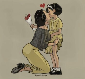 10s 1950s_(fashion) 2013 2girls age_difference ass ass_grab bad_tag black_hair bouquet clothes_lift couple dress dress_lift earrings fauno_artifex female flower french_kiss full_body hand_under_clothes hand_under_dress hand_under_skirt height_difference incest jewelry kiss kneeling loli mary_janes medium_hair mother_and_child mother_and_daughter multiple_girls necklace onee-loli original parent_and_child pearl_necklace pencil_skirt rose shoes skirt standing yellow_dress yuri