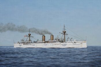 absurdres acrylic_paint_(medium) akitsushima_(cruiser) atelier_bono cannon commentary_request cruiser evening flag highres imperial_japanese_navy mast military_vehicle morning no_humans ocean original painting_(medium) rising_sun_flag ship ship_turret sky smoke smoke_trail smokestack sunburst traditional_media vehicle_focus warship watercraft