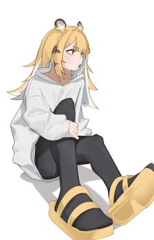 1girl absurdres animal_ears black_pantyhose highres hood hooded_jacket hoodie innosick jacket ju_fufu long_hair pantyhose sandals sitting tiger_girl zenless_zone_zero