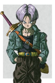 1boy black_shirt blue_eyes blue_jacket border cowboy_shot cropped_jacket dragon_ball dragonball_z grey_background hands_in_pockets highres jacket muma_maximum76 muscular muscular_male outside_border purple_eyes shirt short_hair simple_background solo trunks_(dragon_ball) trunks_(future)_(dragon_ball) white_border
