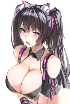 1girl absurdres animal_ear_fluff animal_ears bikini black_bikini blue_eyes blush breasts brown_hair cat_ears cat_girl cleavage commentary_request fangs goddess_of_victory:_nikke hair_ribbon heterochromia highres kopepan_(kopepann11) large_breasts long_hair looking_at_viewer nero_(nikke) open_mouth purple_ribbon red_eyes ribbon solo swimsuit twintails upper_body white_background