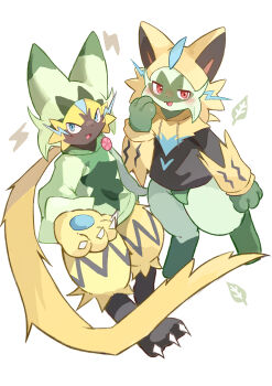 2others :3 absurdres animal_nose aqua_eyes blush body_fur claws cosplay electricity floragato floragato_(cosplay) full_body furry gen_7_pokemon green_fur half-closed_eyes highres hood hood_up hoodie illustrattyako leaf legendary_pokemon lightning_bolt_symbol looking_at_viewer multicolored_fur multiple_others mythical_pokemon nintendo open_mouth pawpads pink_eyes pokemon pokemon_(creature) pokemon_sv two-tone_fur v-shaped_eyes white_background yellow_fur zeraora zeraora_(cosplay)