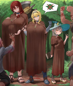 3boys 3girls absurdres axe battle_axe blonde_hair blue_eyes brown_robe collar covered_erect_nipples fantasy full_body goblin grey_hair grin hat hiding highres metal_collar multiple_boys multiple_girls original outdoors red_hair robe sandals smile speech_bubble standing weapon witch_hat wow+ yellow_eyes