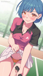 Rule 34 | 1girl, absurdres, blue hair, blush, closed mouth, clothes lift, collared shirt, commentary request, cowboy shot, highres, holding, holding racket, holding tennis racket, kanikatsuya, lifted by self, looking at viewer, mole, mole under eye, orange eyes, orange panties, original, outdoors, panties, racket, red shirt, shirt, shirt lift, short hair, short sleeves, skirt, smile, solo, sportswear, standing, sweat, tennis court, tennis racket, tennis uniform, underwear, white skirt