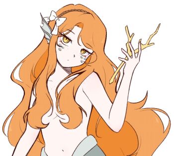 1girl bare_shoulders brown_hairband collarbone commentary_request completely_nude egodiary fins flat_chest freckles golden_bough_(limbus_company) hair_over_breasts hair_ribbon hairband head_fins ishmael_(project_moon) korean_commentary limbus_company long_hair long_sidelocks looking_at_viewer mermaid monster_girl navel nude orange_hair project_moon ribbon scales sidelocks simple_background solo unamused very_long_hair very_long_sidelocks white_background white_ribbon yellow_eyes
