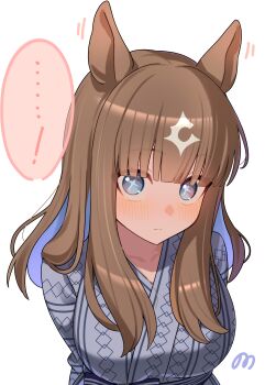 ! ... 07nono06 1girl absurdres almond_eye_(umamusume) animal_ears bath_yukata blue_eyes blue_hair blunt_bangs blush breasts brown_hair closed_mouth colored_inner_hair commentary_request cross-shaped_pupils grey_kimono highres horse_ears horse_girl japanese_clothes kimono large_breasts leaning_forward long_hair looking_at_viewer multicolored_hair simple_background solo spoken_ellipsis streaked_hair symbol-shaped_pupils umamusume upper_body white_background white_streaks x-shaped_pupils yukata
