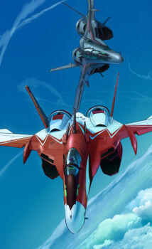 1boy 1girl aircraft airplane canopy contrail couple energy_cannon fighter_jet flying helmet inui&#039;s_meltran inui_(jt1116) macross macross_frontier mecha meltrandi miclone military military_vehicle pilot pilot_suit robot s.m.s. science_fiction spacesuit vehicle_focus vf-25 zentradi