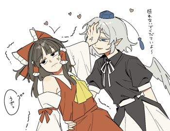 2girls alternate_color anger_vein angry ascot bird_wings black_shirt blue_eyes blue_hat bow brown_hair closed_mouth commentary detached_sleeves frilled_bow frilled_hair_tubes frills grey_hair grey_wings hair_bow hair_tubes hakurei_reimu hand_on_another&#039;s_waist hat heart long_hair multiple_girls neck_ribbon open_mouth player_2 pointy_ears puffy_short_sleeves puffy_sleeves red_bow red_skirt ribbon sakic43899 shameimaru_aya shirt short_sleeves simple_background skirt skirt_set smile speech_bubble thought_bubble tokin_hat touhou translation_request trembling white_background white_ribbon white_skirt wings yellow_ascot yuri