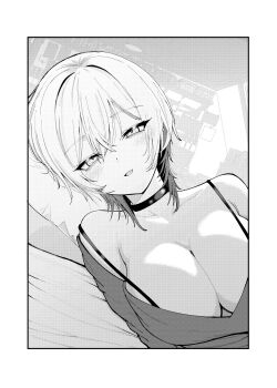 1girl absurdres bags_under_eyes border bra_strap breasts choker cleavage commentary_request greyscale head_on_pillow highres indoors large_breasts looking_at_viewer lying medium_hair monochrome multicolored_hair off-shoulder_shirt off_shoulder okakiru on_bed on_side original parted_lips pillow ringed_eyes shirt solo two-tone_hair upper_body white_border wolf_cut