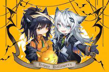 2girls :d animal_ears arknights black_dress black_gloves black_hair black_jacket blue_eyes chibi chibi_only chinese_commentary closed_mouth collared_shirt commentary_request dress fy_fei_xiao_ya gloves green_necktie grey_hair hair_between_eyes hair_ornament hairclip halloween happy_halloween holding jack-o'-lantern jacket lappland_(arknights) lappland_(refined_horrormare)_(arknights) long_hair long_sleeves medium_hair multiple_girls necktie off_shoulder official_alternate_costume open_mouth outline scar scar_across_eye scar_on_face sharp_teeth shirt smile sweatdrop teeth texas_(arknights) upper_teeth_only white_outline wolf_ears wolf_girl yellow_background yellow_eyes yellow_gloves yellow_shirt