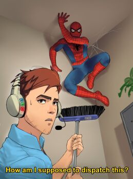 2boys absurdres arm_up blue_shirt bodysuit broom brown_eyes brown_hair collared_shirt crossover devovas dispatch hashtag-only_commentary headphones highres holding holding_broom male_focus marvel multicolored_bodysuit multiple_boys robert_robertson shirt silk spider-man spider-man_(series) spider_web spider_web_print subtitled wing_collar