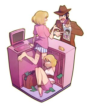 1girl 2boys arm_hair arsene_lupin_iii artist_name aulauly banknote barefoot black_hair blonde_hair bound boxers brown_jacket computer computer_keyboard crossdressing crossdressing_(mtf) disguise formal_clothes gag gagged hat improvised_gag jacket leg_hair lupin_iii male_underwear money monitor multiple_boys necktie open_mouth photo_(object) pink_shirt pointing pointing_at_another restrained shirt short_hair simple_background skirt suit tape tape_gag tied_up_(nonsexual) underwear white_background zenigata_kouichi