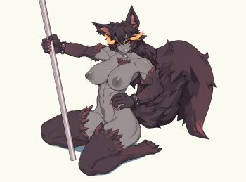 1girl abs absurdres animal_collar animal_ear_fluff animal_ears bell black_sclera blush bracelet breasts claws collar colored_sclera colored_skin completely_nude dancing dark_skin dog_ears dog_paws dog_tail fire flaming_eyes grey_skin hellhound_(monster_girl_encyclopedia) highres jewelry long_hair looking_at_viewer monster_girl monster_girl_encyclopedia monster_girl_encyclopedia_ii muscular muscular_arms muscular_female muscular_legs nude pole pole_dancing red_eyes shadow simple_background slit_pupils smile spiked_bracelet spiked_collar spikes stripper_pole tail thick_thighs thighs truedevirish white_background wolf_ears wolf_paws wolf_tail