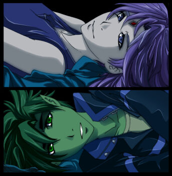 1boy 1girl beast_boy_(dc) bindi changeling colored_skin couple dc_comics dou-hong green_eyes green_hair green_skin jacket lying on_back purple_eyes purple_hair raven_(dc) smile teen_titans