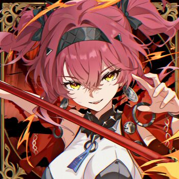 1girl ama_(pixiv24262513) black_hairband blonde_hair breasts coin commentary_request hairband highres large_breasts looking_at_viewer lupa_(wuthering_waves) medium_hair pink_hair smile solo upper_body wuthering_waves