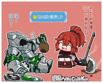 1boy 1girl anna_(fire_emblem) armor axe brown_cape cape fire_emblem fire_emblem_engage full_armor long_hair money_bag nintendo open_mouth parameciumkun ponytail red_cape red_hair translation_request