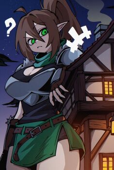 +++ 1girl ? ahoge armor belt belt_buckle black_shirt breastplate breasts brown_belt brown_gloves brown_hair buckle chimney cleavage closed_mouth commentary commission confused cowboy_shot double-parted_bangs dryegen english_commentary fingerless_gloves giant giantess gloves green_eyes green_scarf green_skirt hair_between_eyes highres house large_breasts long_hair looking_at_viewer miniskirt night original outdoors pointy_ears scarf second-party_source shirt side_slit skirt sky smoke solo star_(sky) starry_sky velverelle_(bak3nator)