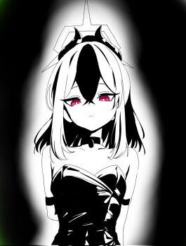 1girl black_hair black_horns blue_archive choker commentary_request corrupted_twitter_file demon_horns dress grey_halo greyscale hair_between_eyes halo highres horns kayoko_(blue_archive) looking_at_viewer mixed-language_commentary monochrome multicolored_hair ntnjojo0807 red_eyes single_wing solo spot_color strapless strapless_dress two-tone_hair upper_body white_hair wings