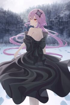 1girl absurdres bare_shoulders black_dress bow dress evernight_(honkai:_star_rail) flower from_behind habi_(kyuri_318) hair_between_eyes hair_flower hair_ornament highres honkai:_star_rail honkai_(series) korean_commentary long_dress long_hair march_7th_(honkai:_star_rail) off_shoulder outdoors parted_lips pink_hair red_eyes snow solo_focus tree very_long_hair