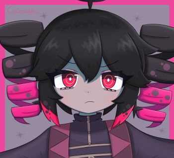 artist_name black_hair closed_mouth coconutpaw commentary_request drill_hair highres kasane_teto long_hair looking_at_viewer multicolored_hair purple_hair q&amp;a_(utau) red_eyes twin_drills two-tone_hair utau