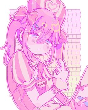 1girl alternate_costume alternate_hair_length alternate_hairstyle apron aubrey_(faraway)_(omori) aubrey_(omori) bandaged_arm bandages bandaid bandaid_on_leg bare_arms blue_eyes border bow character_name chromatic_aberration closed_mouth collared_shirt commentary_request cowboy_shot crossed_bandaids double-parted_bangs film_grain frilled_shirt_collar frills frown garter_straps gradient_background grid_background hair_between_eyes hair_bow hair_ornament half-closed_eyes hand_up hat hat_ornament heart heart_hat_ornament highres looking_at_viewer medium_hair middle_finger omori outline outside_border pink_background pink_bow pink_hat pink_shirt pink_shorts pink_sweater_vest pink_theme puffy_short_sleeves puffy_sleeves raised_eyebrows shirt short_sleeves shorts simple_background sitting solo sparkle striped_clothes striped_hat striped_headwear striped_shirt sweater_vest twintails two-tone_shirt vertical-striped_clothes vertical-striped_headwear vertical-striped_shirt waist_apron white_apron white_border white_outline white_shirt x_hair_ornament yellow_background yo_(wetpotatosunsun)