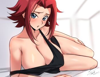 1girl absurdres artist_name bare_shoulders black_tank_top blue_eyes blush breasts code_geass collarbone female_focus hand_on_own_thigh highres kouzuki_kallen large_breasts looking_at_viewer lying on_bed on_side parted_bangs red_hair shiny_skin tank_top thighs yoo_tenchi