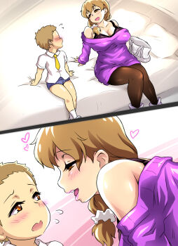 1girl bag bare_shoulders bed blonde_hair blush boku_to_mama_no_ecchi_na_okaimono_date boots breasts cleavage embarrassed eye_contact free_style hair_between_eyes handbag heart highres incest large_breasts legs long_hair long_sleeves looking_at_another low-tied_long_hair mature_female mother_and_son off-shoulder_sweater off_shoulder on_bed open_mouth orange_eyes original pantyhose pillow scrunchie seductive_smile sequential shirt_under_sweater shota simple_background sitting sleeves_past_wrists smile sweater thighs