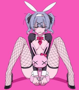 1girl absurdres animal_ears annoyed blue_eyes blue_hair bound bound_wrists breasts channel_(caststation) clenched_teeth commentary convenient_censoring cuffs fishnet_thighhighs fishnets full_body hair_ornament hairband hairclip handcuffs hatsune_miku high_heels highres knees_up looking_at_viewer medium_breasts necktie pink_background playboy_bunny rabbit_ears rabbit_hole_(vocaloid) reverse_bunnysuit reverse_outfit short_twintails shrug_(clothing) simple_background sitting solo spread_legs straight-on stuffed_animal stuffed_rabbit stuffed_toy sweatdrop teardrop_facial_mark teeth thighhighs tsundere twintails vocaloid x_hair_ornament