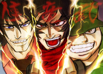 Rule 34 | 3boys, black hair, black necktie, blue eyes, collared shirt, column lineup, electricity, fangs, getter robo, green hat, grin, hat, jin hayato, lever, looking at viewer, male focus, military hat, multiple boys, musashi tomoe, nagare ryoma, necktie, open mouth, pink shirt, portrait, red eyes, red scarf, ringed eyes, scarf, shin getter robo, shirt, smile, teeth, thick eyebrows, ujiga waita, v-shaped eyebrows