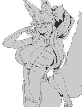 1girl absurdres animal_ear_fluff animal_ears bodysuit bow breasts center_opening choker cleavage clothing_cutout fate/grand_order fate_(series) fox_ears fox_girl fox_tail glasses greyscale grin hair_between_eyes hair_bow highres hip_vent koyanskaya_(assassin)_(first_ascension)_(fate) koyanskaya_(fate) large_breasts long_hair looking_at_viewer minew monochrome ponytail sidelocks smile solo tail thighs