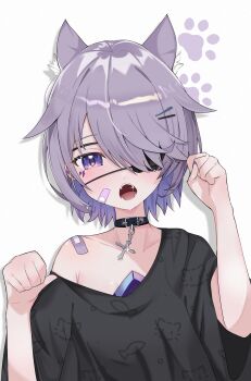1girl absurdres animal_ears bandaid bandaid_on_cheek bandaid_on_face bandaid_on_shoulder black_choker black_shirt castellayaki cat_ears cat_girl chest_jewel choker cross cross_choker eyepatch fangs gem highres hololive hololive_english jewel_under_eye koseki_bijou loli looking_at_viewer open_mouth purple_eyes purple_gemstone shirt solo teeth virtual_youtuber white_background