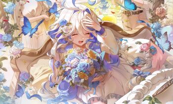 Rule 34 | 1boy, 3girls, absurdres, ahoge, balloon, blue flower, blue hair, blue rose, bouquet, charlotte (genshin impact), closed eyes, commentary, datsha, dress, facing viewer, flower, furina (genshin impact), genshin impact, hair between eyes, hand up, happy, highres, holding, holding bouquet, long hair, long sleeves, multicolored hair, multiple girls, navia (genshin impact), neuvillette (genshin impact), open mouth, outdoors, rose, smile, solo focus, sunflower, teeth, upper teeth only, very long hair, white dress, white hair