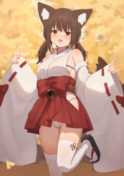 1girl :d absurdres animal_ear_fluff animal_ears bell blush breasts brown_hair commentary_request detached_sleeves double_fox_shadow_puppet fox_ears fox_girl fox_shadow_puppet fox_tail fundoshi highres hinata_(user_rjkt4745) japanese_clothes jingle_bell large_breasts looking_at_viewer miko open_mouth original paid_reward_available red_eyes short_hair short_twintails smile standing standing_on_one_leg tabi tail thighhighs twintails white_sleeves white_thighhighs wide_sleeves