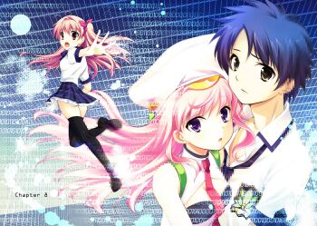 1boy 2girls :o bandeau binary black_bandeau black_gloves black_panties black_thighhighs blue_hair boots bow bowtie censored chaos;head chaos;head_love_chu_chu! collared_shirt detached_sleeves dress_shirt earrings fingerless_gloves glitch gloves green_trim hair_bow highres jewelry loafers long_hair looking_at_another looking_at_viewer magical_girl miniskirt mosaic_censoring multiple_girls necktie non-web_source official_art one_side_up open_mouth panties pink_eyes pink_hair plaid_bow plaid_bowtie plaid_clothes plaid_necktie plaid_skirt plaid_sleeves pleated_skirt purple_bow purple_bowtie purple_eyes purple_skirt reaching reaching_towards_another red_necktie sad sakihata_rimi school_emblem school_uniform science_adventure seira_orgel shirt shoes short_hair short_sleeves skirt stitched suimei_academy_school_uniform sumi_hei summer_uniform thighhighs third-party_edit tongue underwear white_boots white_shirt white_sleeves zettai_ryouiki