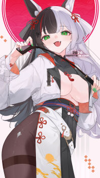 1girl 2026 :d absurdres animal_ears black_hair breasts commentary_request fang green_eyes green_nails highres holding holding_whip horse_ears jacket large_breasts mimizuku_(mmiganaru) multicolored_hair no_bra open_clothes open_jacket open_mouth original pantyhose smile solo split-color_hair thighband_pantyhose white_hair