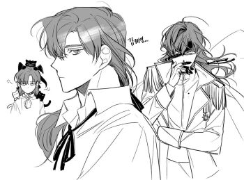 1girl character_request coat collared_shirt covering_own_mouth epaulettes floating_hair hand_on_own_face hand_up hinizana long_hair looking_at_viewer multiple_views neck_ribbon one_piece partially_shaded_face ribbon shirt solo wind