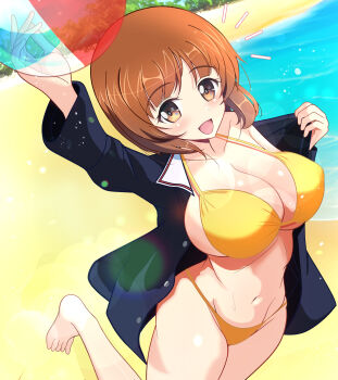 1girl ball beach beachball bikini blue_jacket bra breasts brown_eyes brown_hair day girls_und_panzer gratin_(kumaisao) jacket jumping large_breasts looking_at_viewer navel nishizumi_miho ooarai_military_uniform outdoors school_uniform short_hair smile solo swimsuit underwear water white_bikini yellow_bikini yellow_bra