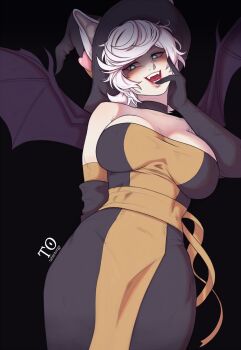 1girl animal_ears artist_name bare_shoulders bat_ears bat_girl bat_wings black_background black_choker black_gloves breasts choker collarbone elbow_gloves fangs gloves green_eyes hand_on_own_cheek hand_on_own_face highres humanization large_breasts lips looking_at_viewer open_mouth rouge_the_bat shaded_face short_hair simple_background solo sonic_(series) tabletorgy teeth white_hair wings