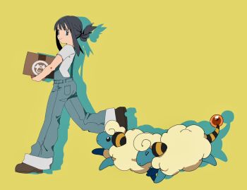 1girl black_eyes black_hair blue_overalls box brown_footwear cardboard_box closed_mouth dawn_(pokemon) drop_shadow folded_ponytail gen_2_pokemon highres holding holding_box leg_up long_hair mareep miltank nintendo overalls pokemon pokemon_(creature) pokemon_bdsp sheep shichibee_(stm_mimi) shirt shoes short_sleeves simple_background smile t walking white_shirt yellow_background