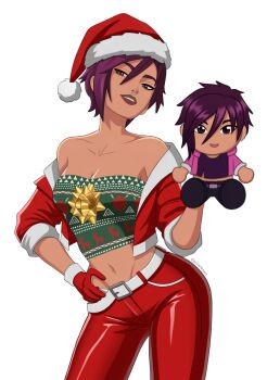 1girl absurdres alternate_costume bare_shoulders belt belt_buckle breasts brown_eyes brown_lips buckle character_doll christmas collarbone commentary dispatch doll face_piercing fur_trim gloves grin hair_between_eyes hand_on_own_hip hat highres holding invisigal_(dispatch) jacket lips looking_at_viewer medium_breasts midriff nose_piercing off_shoulder pants pcharlesart piercing purple_hair red_gloves red_hat red_jacket red_pants santa_hat short_hair simple_background smile solo twitter_username white_background white_belt