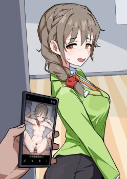 1boy 1girl absurdres braid breasts brown_hair cellphone cellphone_photo censored commentary green_jacket hetero highres idolmaster idolmaster_cinderella_girls jacket large_breasts nipples nude ohgi910 paid_reward_available penis phone pov senkawa_chihiro sex skirt smartphone