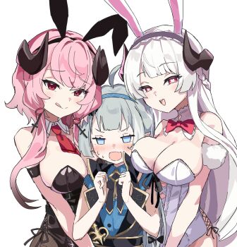3girls :q ahoge animal_ears bare_shoulders bernina_(stella_sora) between_breasts black_leotard blue_eyes blue_hairband blush bow bowtie breasts commentary demon_horns detached_collar fake_animal_ears fang female_tyrant_(stella_sora) girl_sandwich grey_hair hairband half-closed_eyes heart heart-shaped_pupils highres horns large_breasts leotard long_hair looking_at_viewer multiple_girls necktie necktie_between_breasts open_mouth pink_hair playboy_bunny pointy_ears rabbit_ears red_bow red_bowtie red_eyes red_necktie sandwiched skin_fang smile stella_sora symbol-shaped_pupils textless_version tongue tongue_out transparent_background tyrant_(stella_sora) virigia_(stella_sora) white_hair white_leotard yucblossom
