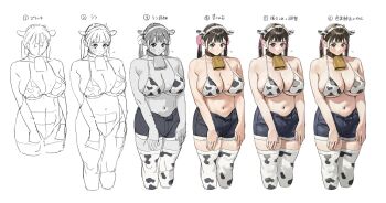 1girl animal_ear_hairband animal_ears animal_print bell bikini breasts brown_hair cleavage closed_mouth cow_ear_hairband cow_ears cow_girl cow_horns cow_print cow_print_bikini cow_print_thighhighs cowbell curvy dot_mouth fake_animal_ears fake_horns futao_miruku_(riki) hairband highres horn_hairband horns large_breasts neck_bell original print_bikini print_thighhighs riki_(riki_unc) shorts swimsuit thighhighs