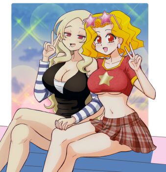 1990s_(style) 2girls :d bishoujo_senshi_sailor_moon bishoujo_senshi_sailor_moon_s black_dress blonde_hair blue_sky blue_sleeves blush breasts casual cleavage collarbone crop_top cropped_shirt crossed_legs crossover day detached_sleeves dress earrings eyewear_on_head faux_retro_artstyle gradient_sky groin hair_ornament hairclip half-closed_eyes highres holding_hands jewelry large_breasts lens_flare long_hair looking_at_viewer mimete_(sailor_moon) miniskirt mole mole_under_mouth multiple_girls navel open_mouth orange_eyes parted_bangs pink_sky plaid_clothes plaid_skirt red_eyes red_shirt red_skirt retro_artstyle senran_kagura senran_kagura_new_wave senran_kagura_shinovi_versus shiki_(senran_kagura) shirt short_hair sitting skirt sky smile sparkle star-shaped_eyewear star_(symbol) star_print striped_sleeves sunglasses t-shirt teeth tongue two-tone_sleeves underboob upper_teeth_only v wavy_hair white_sleeves witches_5 yellow_trim yui_(jisatsu)