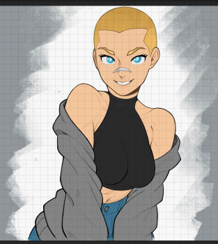 1girl aqua_eyes bandaid bandaid_on_face bandaid_on_nose bare_shoulders black_shirt blonde_hair breasts bright_pupils buzz_cut commentary crop_top dazeart english_commentary eyelashes grey_jacket highres jacket long_sleeves midriff open_clothes open_jacket original shirt short_hair smile solo very_short_hair watermark watermark_grid white_pupils