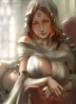 1girl breasts brown_hair cleavage dark_souls_(series) dark_souls_i fromsoftware large_breasts looking_at_viewer queen_of_sunlight_gwynevere ragecndy smile solo