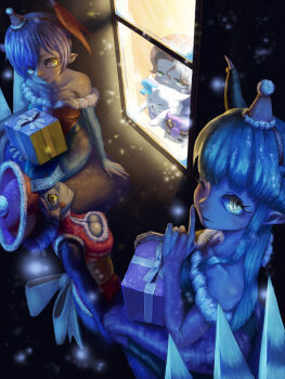 absurdres animal_print anita_(darkstalkers) bat_print cat christmas_present colored_skin commentary darkstalkers demon_girl felicia_(darkstalkers) gift hat head_wings highres hsien-ko jiangshi leotard lilith_(darkstalkers) morrigan_aensland nojob_hiro off-shoulder_leotard one_eye_closed pointy_ears q-bee santa_hat short_hair wings