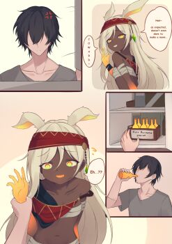 1boy 1girl absurdres anger_vein animal_ears black_hair bottle breasts chest_sarashi dark-skinned_female dark_skin drinking english_text faceless faceless_male flaming_hand glowing_mouth grin hair_over_eyes headband highres holding_another's_wrist neith_(trimbil) orange_eyes original potion sarashi shirt single_bare_shoulder small_breasts smile speech_bubble strap_slip t-shirt teasing trimbil upper_body